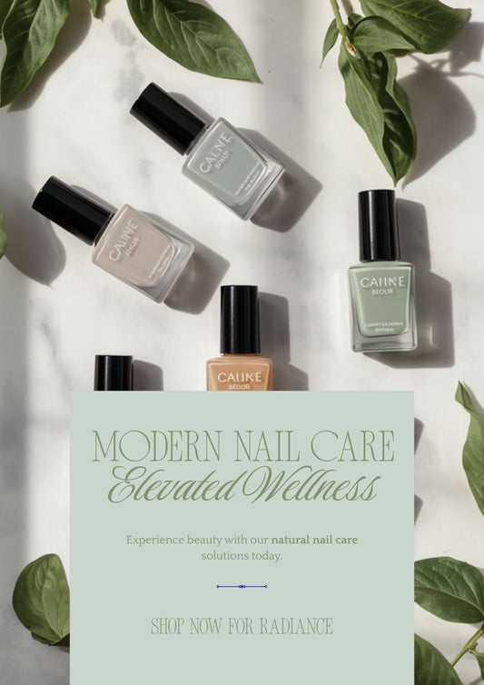 Healthy nail care product flat lay — clean glass nail polish bottles with botanical ingredients